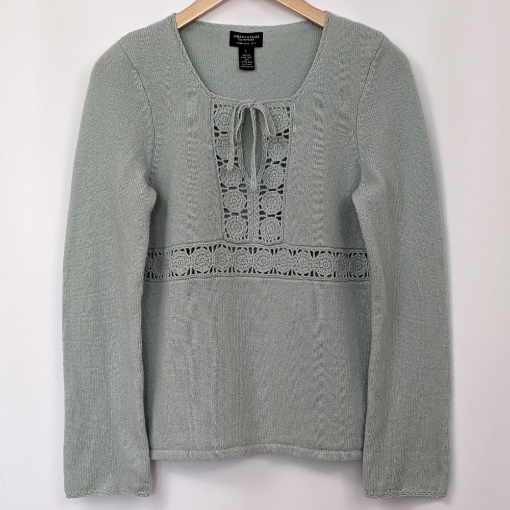 AE Vintage Crochet Detail Lambswool Sweater Tie Neck Keyhole Pastel Coquette L